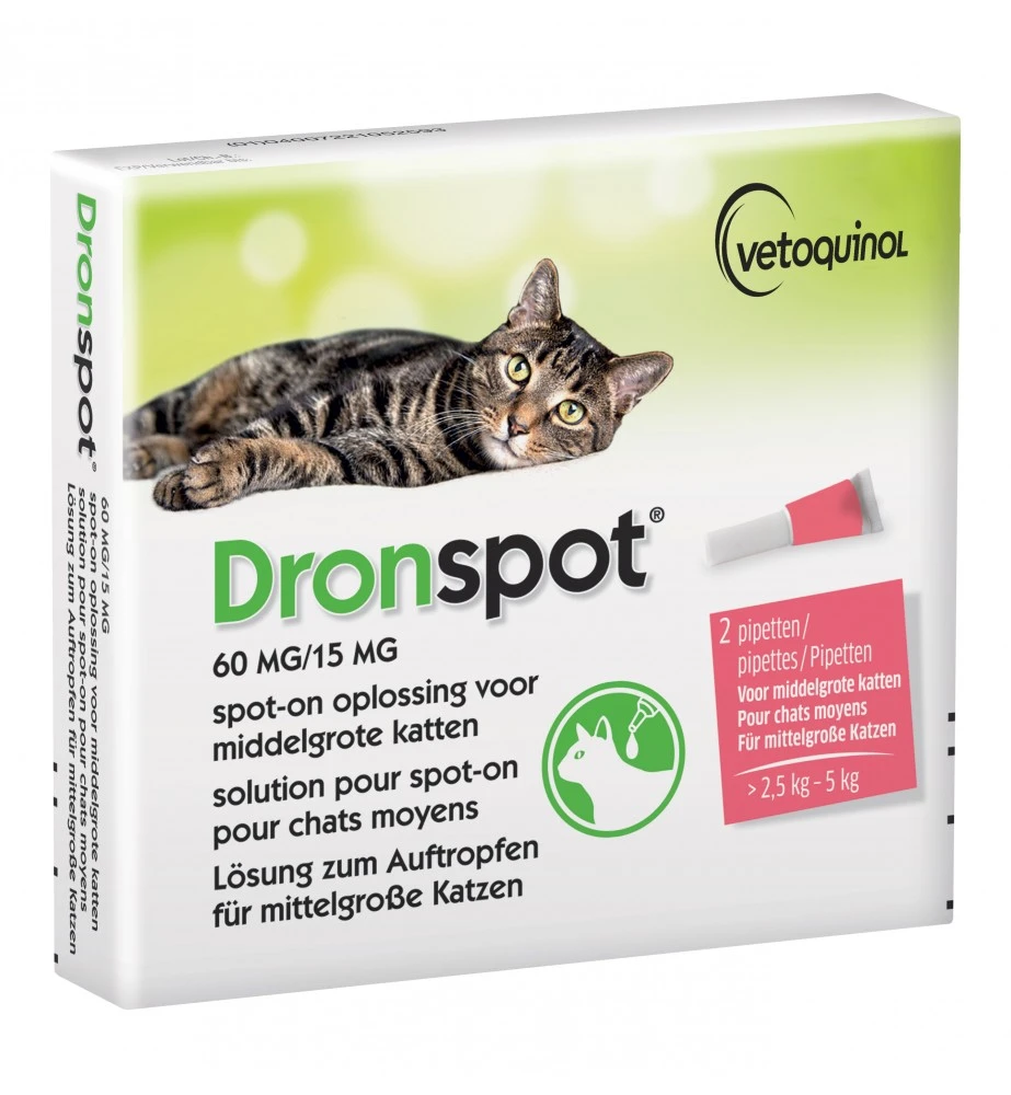 Vetoquinol Dronspot Middelgrote Kat 60 Mg / 15 Mg - 2.5 Kg T/m 5 Kg - 2 Pipetten 3 Vetoquinol Dronspot Middelgrote Kat 60 Mg / 15 Mg - 2.5 Kg T/m 5 Kg - 2 Pipetten